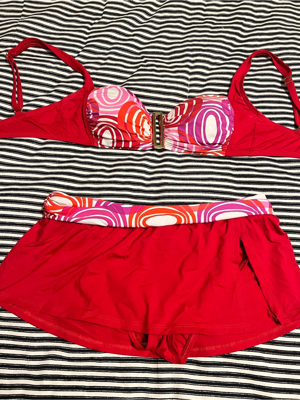 Red Two-Piece Swim Set with Pink, Orange & White Print